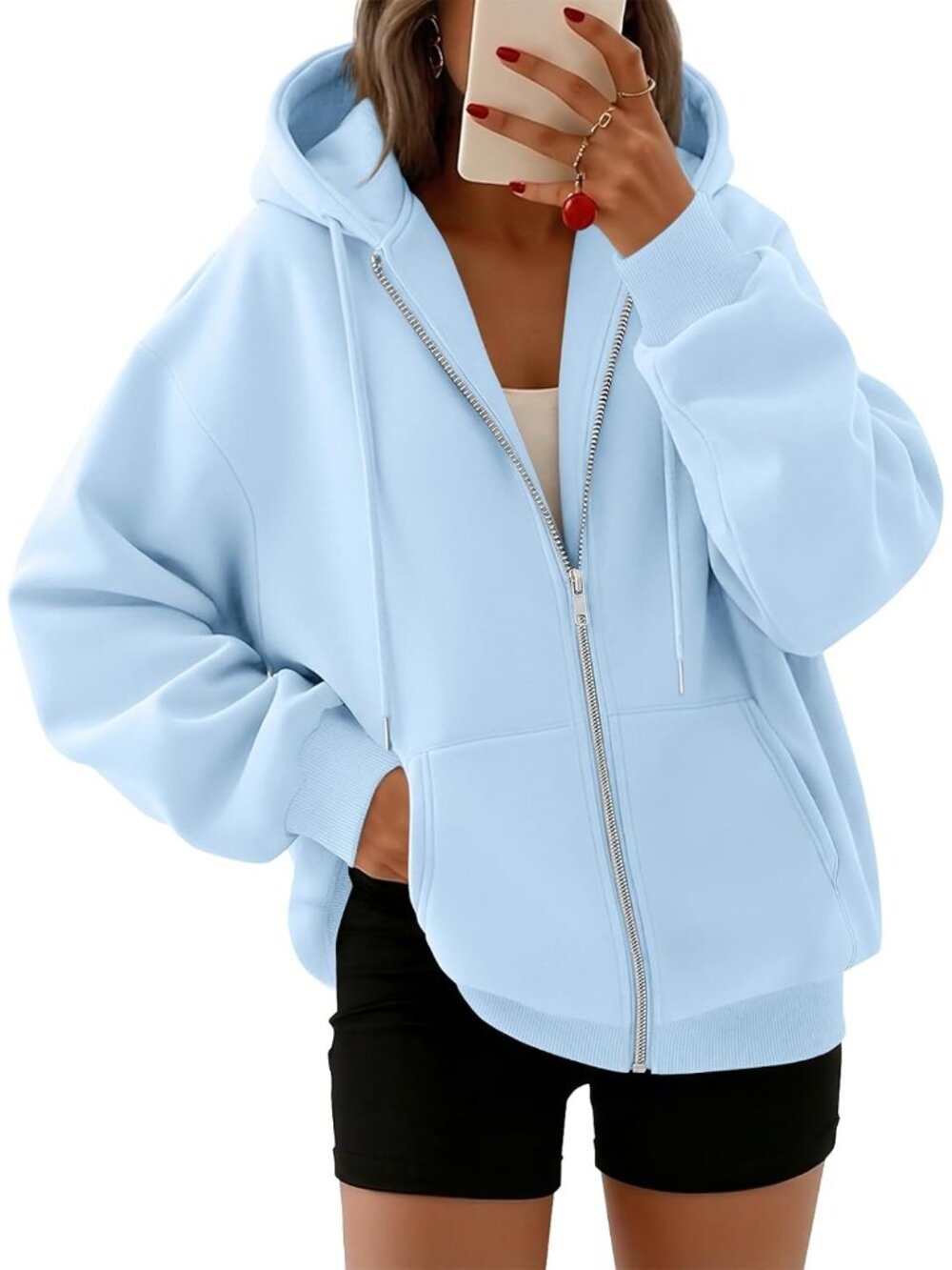 〽️Women Sky Blue Oversized Zip Up Hooded Neck Cute Lightweight Winter Sweatshirt